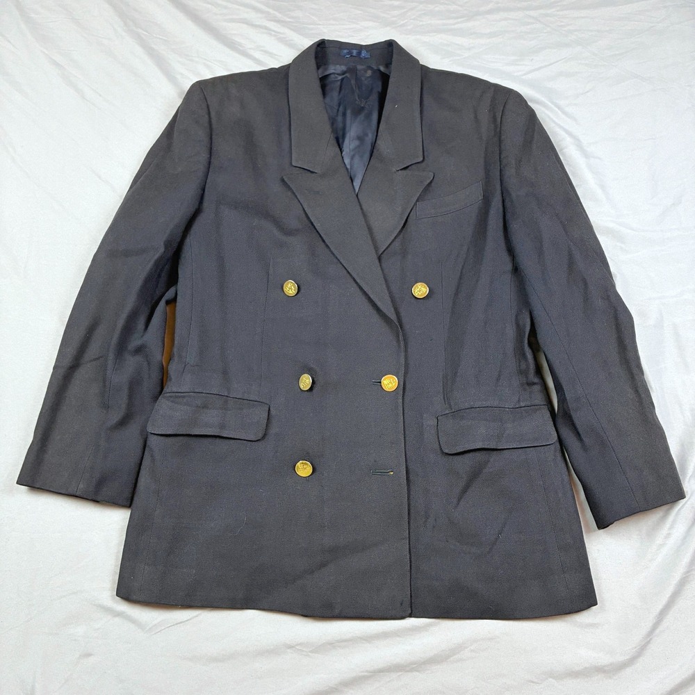 Burberry Blazer Womens Navy Blue Double Breasted Gold Crest Button Wool Size 10